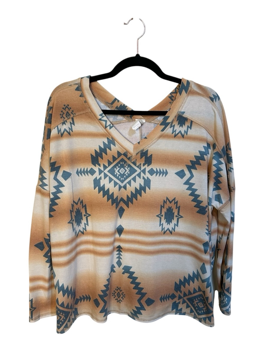 Sew In Love Tan and Blue Aztec Print V-Neck Blouse